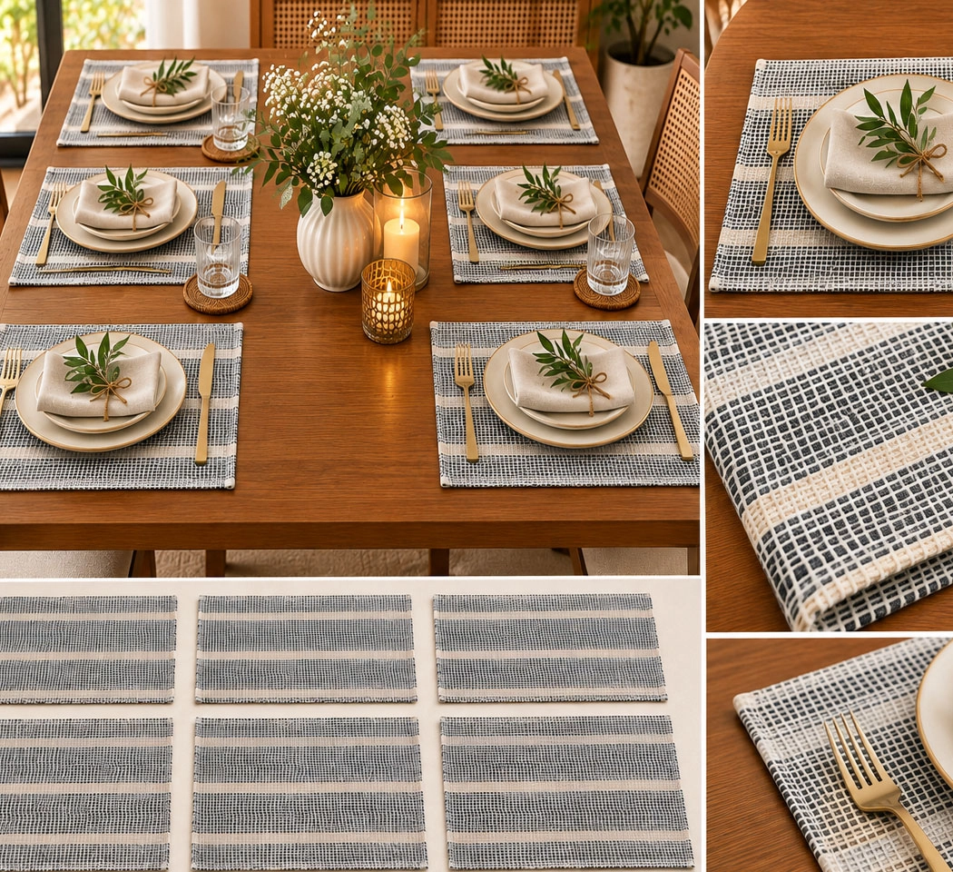 Textured Woven Place Mats – Neutral Striped Design for Dining Table, Pack of 6